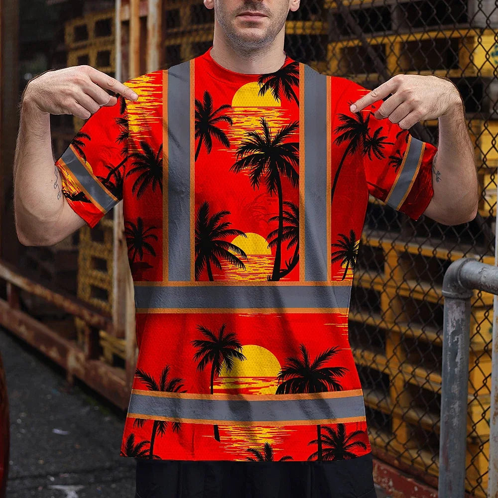 Hi Vis T Shirt Reflective Tapes Red Neon Flowers Custom Name