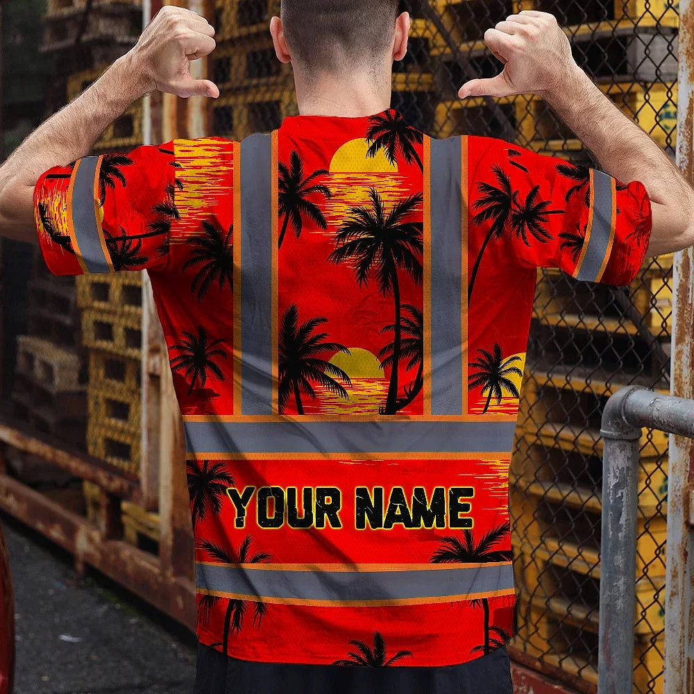 Hi Vis T Shirt Reflective Tapes Red Neon Flowers Custom Name