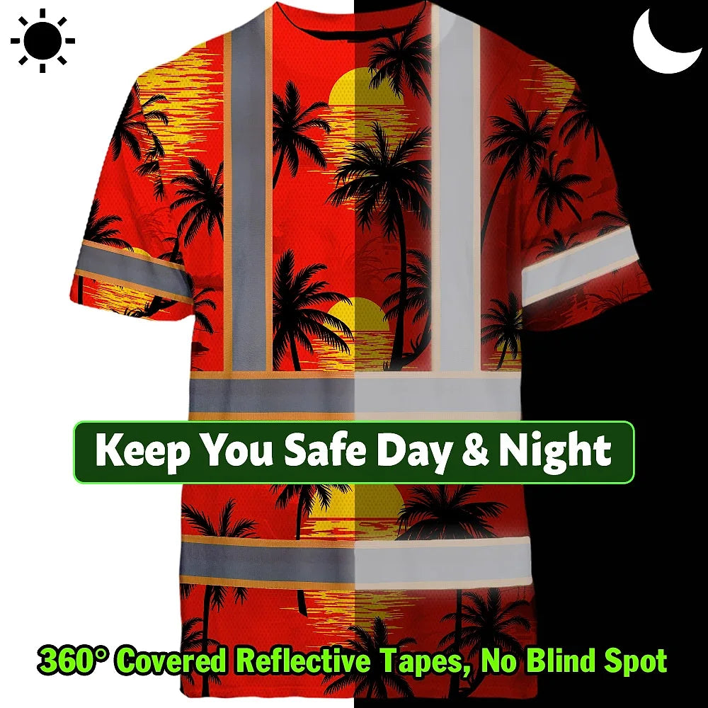 Hi Vis T Shirt Reflective Tapes Red Neon Flowers Custom Name