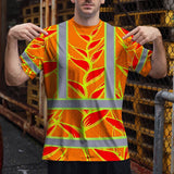 Hi Vis T Shirt Reflective Tapes Red Neon Lime Heliconia Custom Name Safety Workwear For Workers, Truckers, Operators
