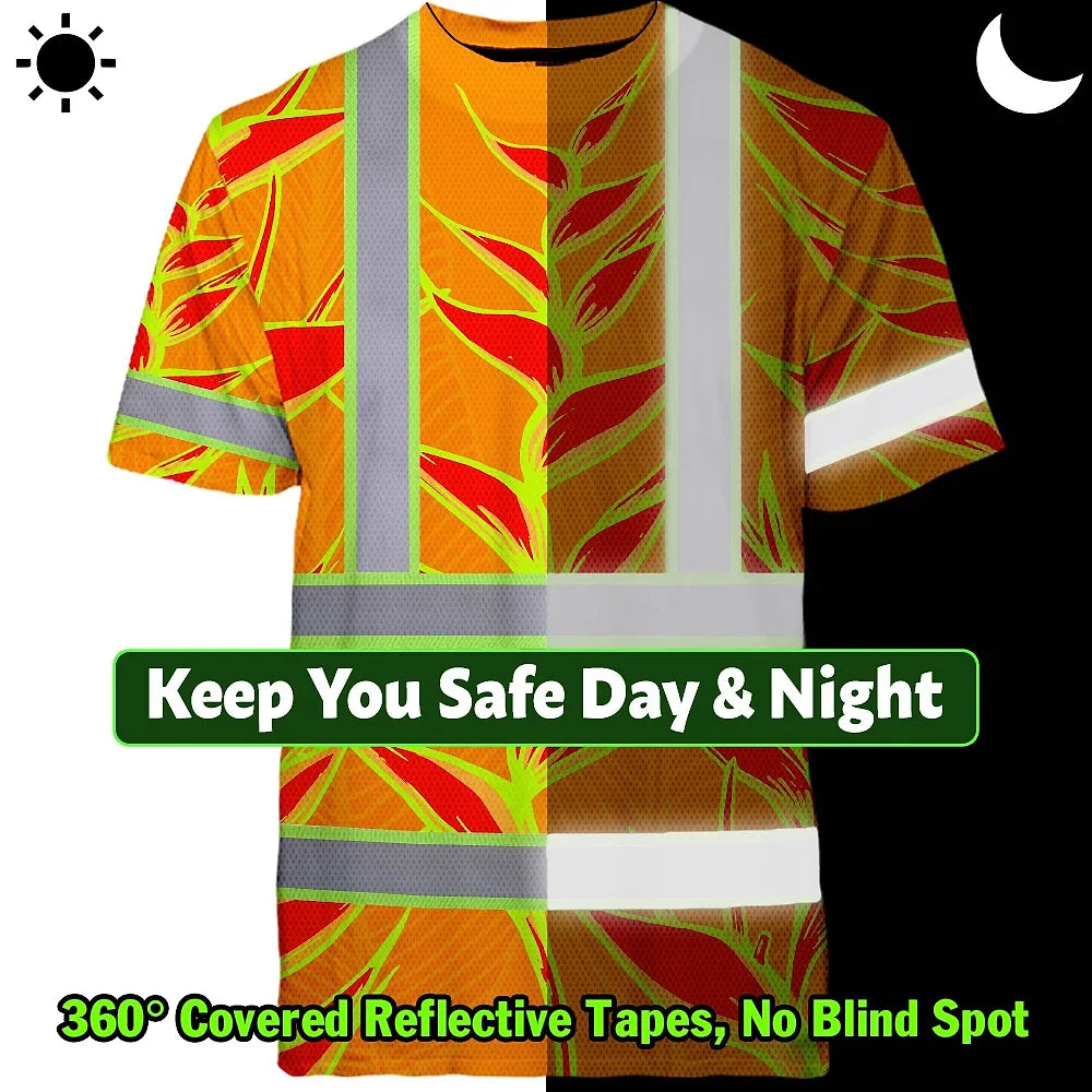 Hi Vis T Shirt Reflective Tapes Red Neon Lime Heliconia Custom Name Safety Workwear For Workers, Truckers, Operators