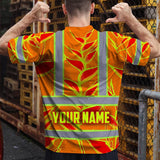 Hi Vis T Shirt Reflective Tapes Red Neon Lime Heliconia Custom Name Safety Workwear For Workers, Truckers, Operators