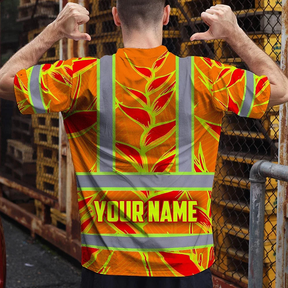 Hi Vis T Shirt Reflective Tapes Red Neon Lime Heliconia Custom Name Safety Workwear For Workers, Truckers, Operators