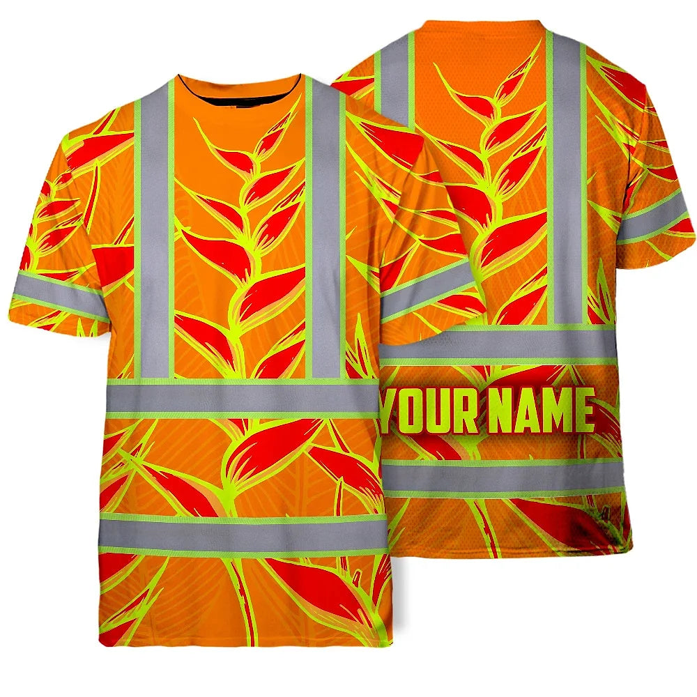 Hi Vis T Shirt Reflective Tapes Red Neon Lime Heliconia Custom Name Safety Workwear For Workers, Truckers, Operators