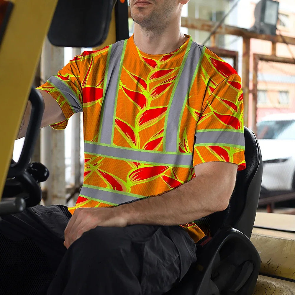 Hi Vis T Shirt Reflective Tapes Red Neon Lime Heliconia Custom Name Safety Workwear For Workers, Truckers, Operators