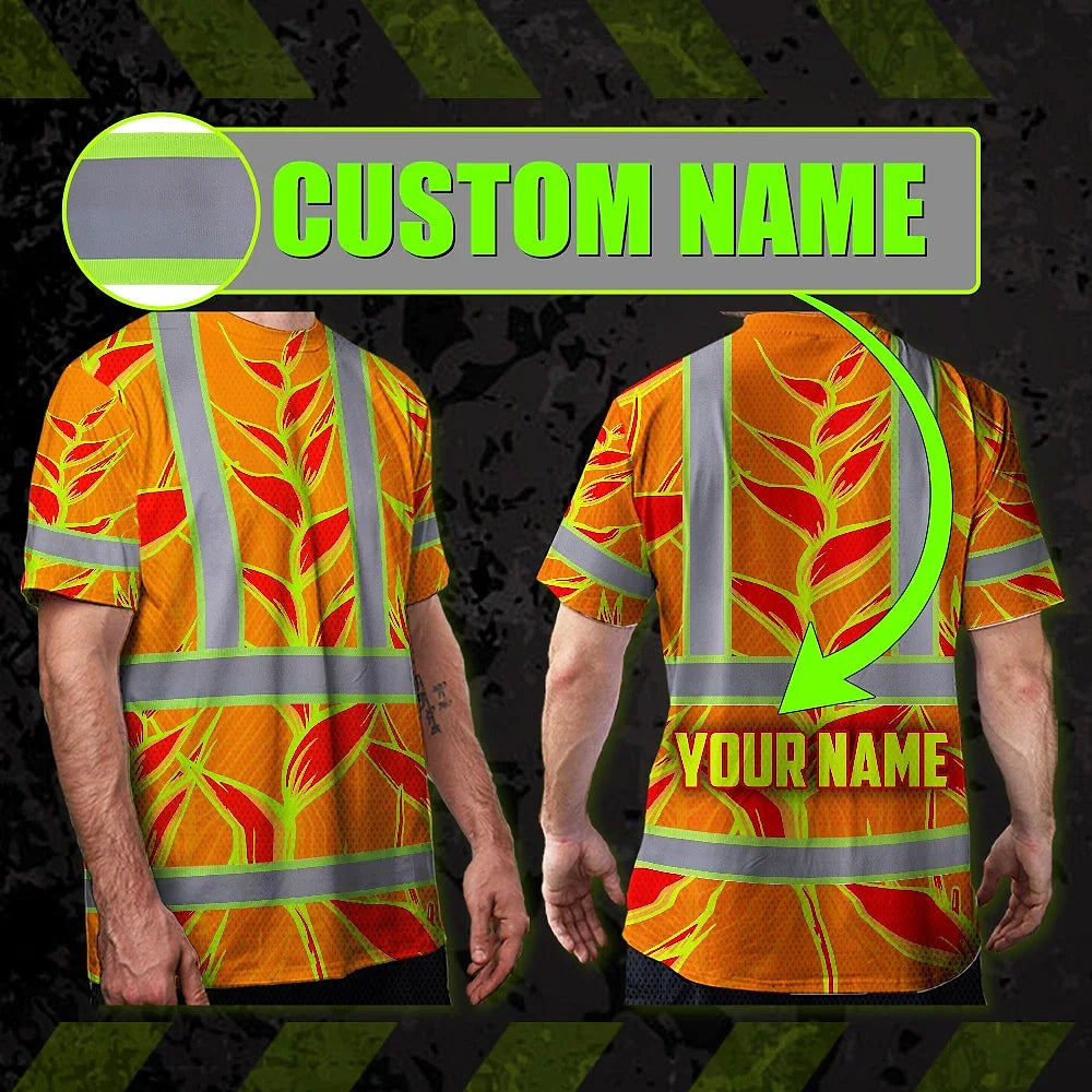 Hi Vis T Shirt Reflective Tapes Red Neon Lime Heliconia Custom Name Safety Workwear For Workers, Truckers, Operators