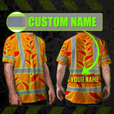 Hi Vis T Shirt Reflective Tapes Red Neon Lime Heliconia Custom Name Safety Workwear For Workers, Truckers, Operators