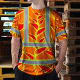 Hi Vis T Shirt Reflective Tapes Red Neon Lime Heliconia Custom Name Safety Workwear For Workers, Truckers, Operators