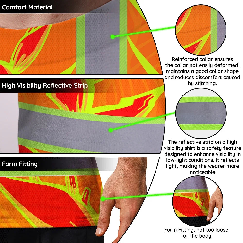 Hi Vis T Shirt Reflective Tapes Red Neon Lime Heliconia Custom Name Safety Workwear For Workers, Truckers, Operators