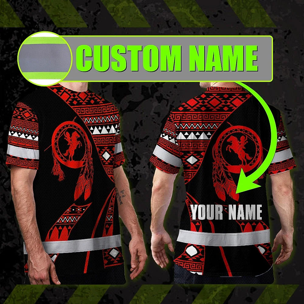 Hi Vis T Shirt Reflective Tapes Red Neon Native Custom Name Safety Workwear For Workers, Truckers, Operators