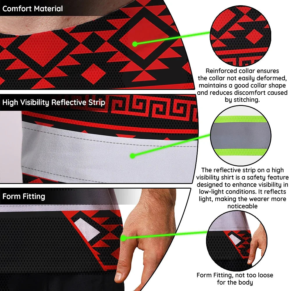 Hi Vis T Shirt Reflective Tapes Red Neon Native Custom Name Safety Workwear For Workers, Truckers, Operators