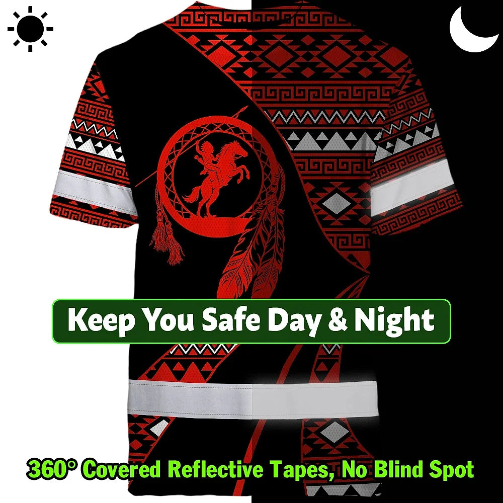 Hi Vis T Shirt Reflective Tapes Red Neon Native Custom Name Safety Workwear For Workers, Truckers, Operators