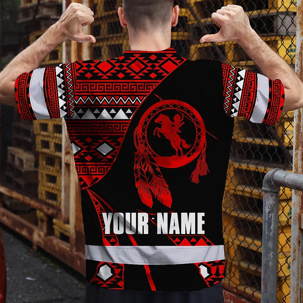 Hi Vis T Shirt Reflective Tapes Red Neon Native Custom Name Safety Workwear For Workers, Truckers, Operators