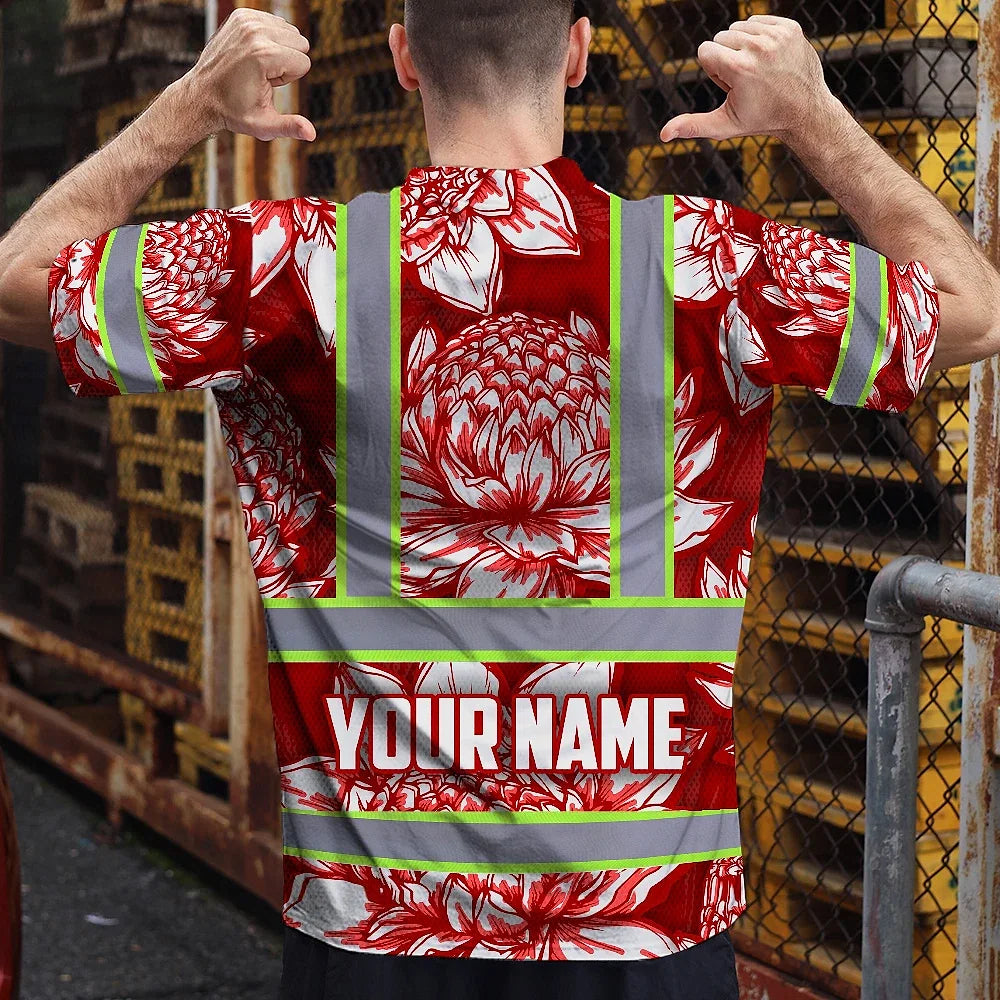 Hi Vis T Shirt Reflective Tapes Red Neon White Protea Custom Name Safety Workwear For Workers, Truckers, Operators