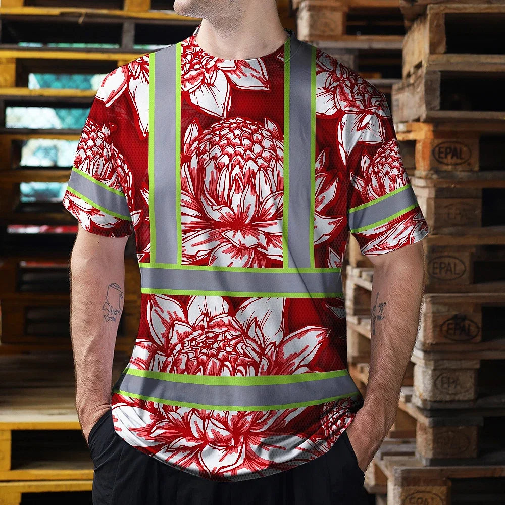 Hi Vis T Shirt Reflective Tapes Red Neon White Protea Custom Name Safety Workwear For Workers, Truckers, Operators