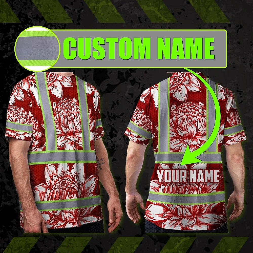 Hi Vis T Shirt Reflective Tapes Red Neon White Protea Custom Name Safety Workwear For Workers, Truckers, Operators