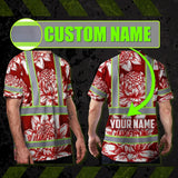 Hi Vis T Shirt Reflective Tapes Red Neon White Protea Custom Name Safety Workwear For Workers, Truckers, Operators
