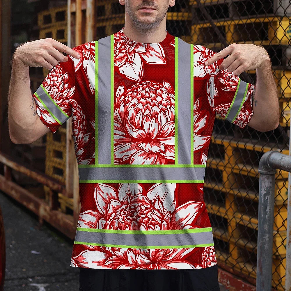 Hi Vis T Shirt Reflective Tapes Red Neon White Protea Custom Name Safety Workwear For Workers, Truckers, Operators