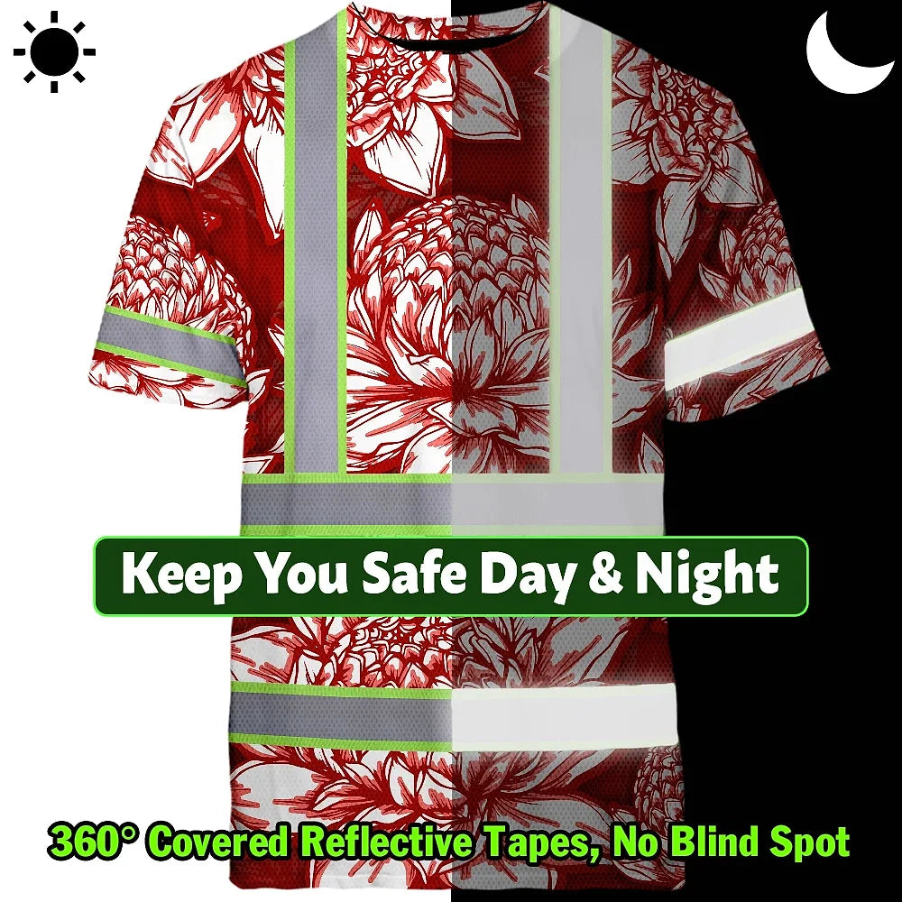 Hi Vis T Shirt Reflective Tapes Red Neon White Protea Custom Name Safety Workwear For Workers, Truckers, Operators