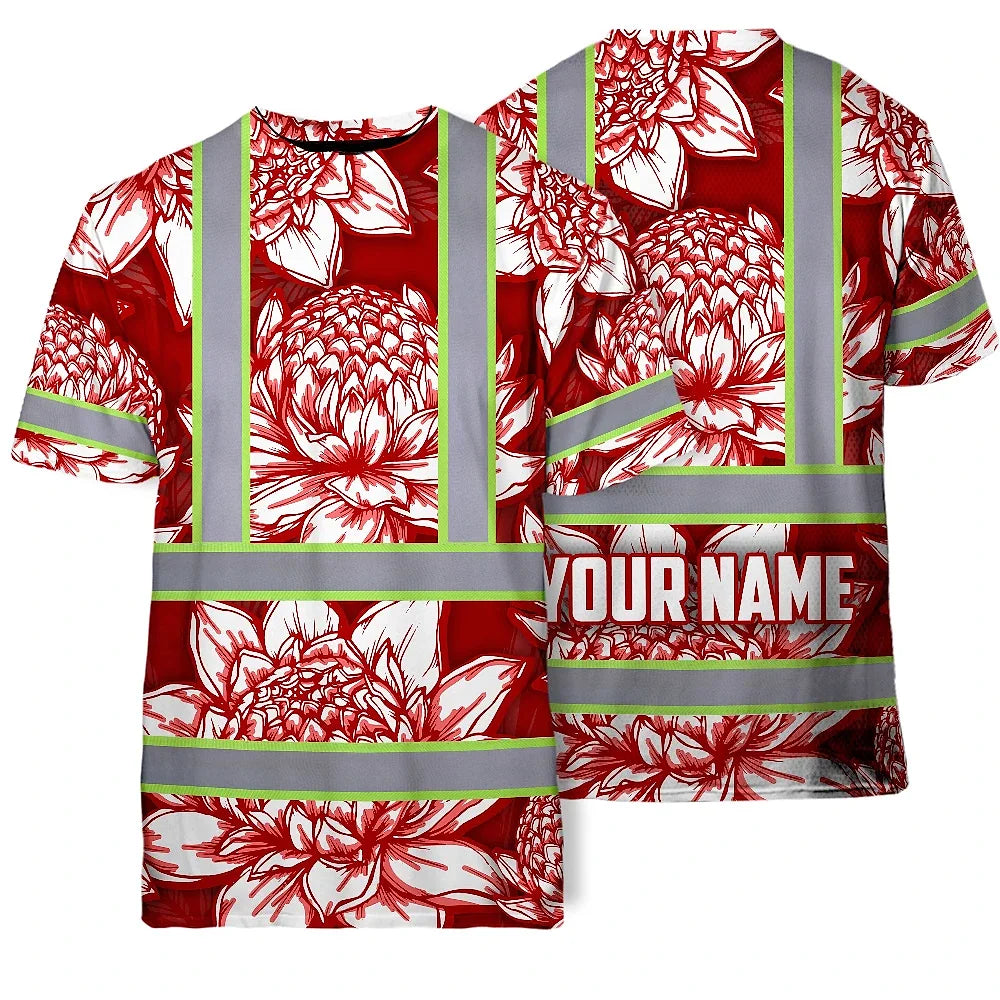 Hi Vis T Shirt Reflective Tapes Red Neon White Protea Custom Name Safety Workwear For Workers, Truckers, Operators