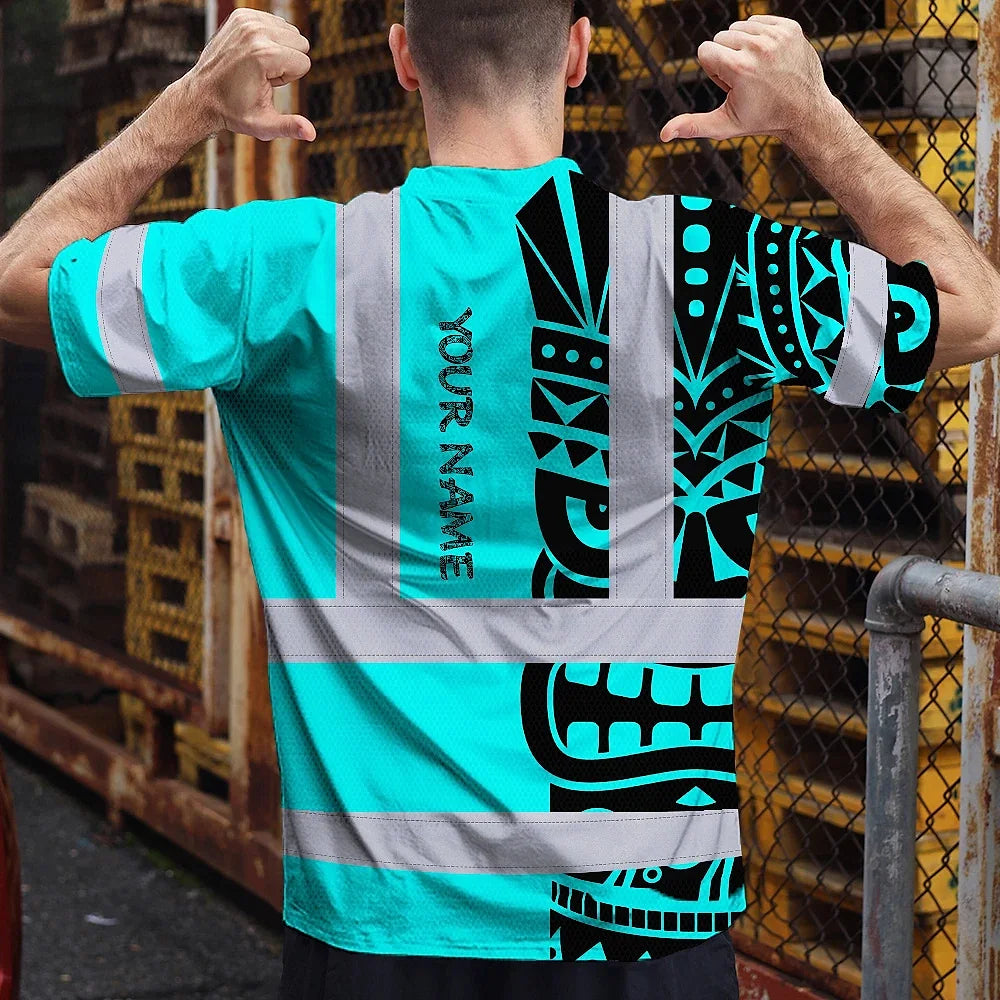 Hi Vis T Shirt Reflective Tapes TiKi Blue Neon Polynesian Tribal Custom Name Safety Workwear For Workers, Truckers, Operators