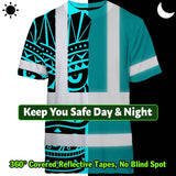Hi Vis T Shirt Reflective Tapes TiKi Blue Neon Polynesian Tribal Custom Name Safety Workwear For Workers, Truckers, Operators