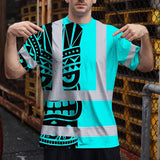 Hi Vis T Shirt Reflective Tapes TiKi Blue Neon Polynesian Tribal Custom Name Safety Workwear For Workers, Truckers, Operators