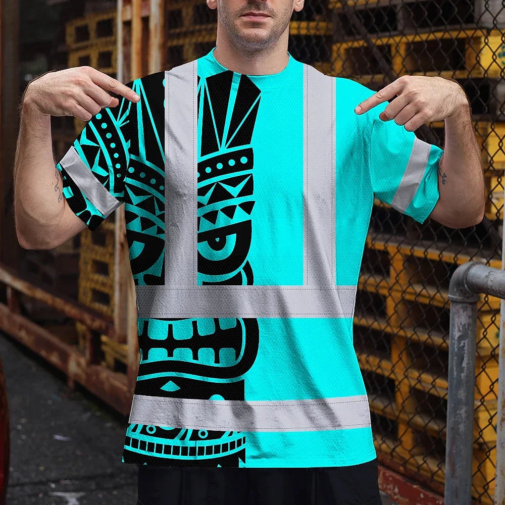 Hi Vis T Shirt Reflective Tapes TiKi Blue Neon Polynesian Tribal Custom Name Safety Workwear For Workers, Truckers, Operators