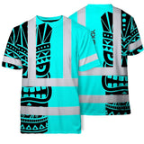Hi Vis T Shirt Reflective Tapes TiKi Blue Neon Polynesian Tribal Custom Name Safety Workwear For Workers, Truckers, Operators