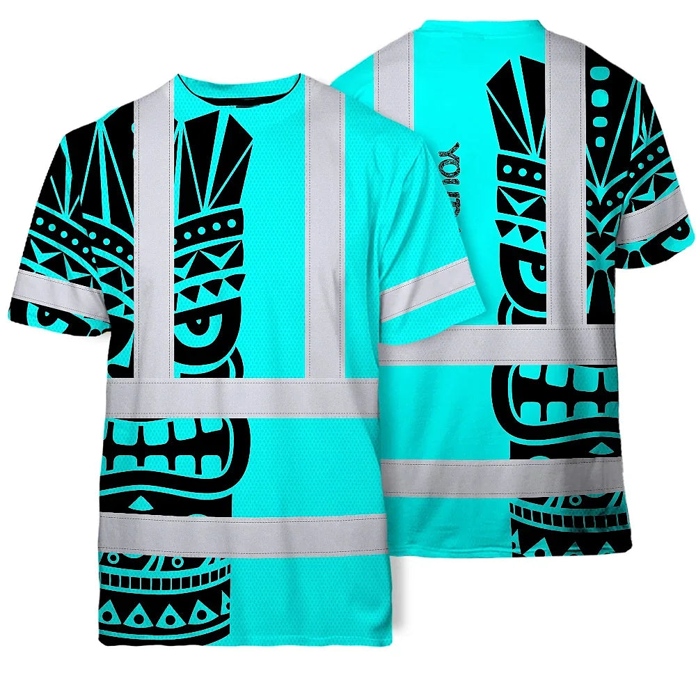 Hi Vis T Shirt Reflective Tapes TiKi Blue Neon Polynesian Tribal Custom Name Safety Workwear For Workers, Truckers, Operators