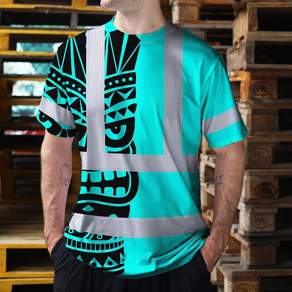 Hi Vis T Shirt Reflective Tapes TiKi Blue Neon Polynesian Tribal Custom Name Safety Workwear For Workers, Truckers, Operators