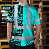 Hi Vis T Shirt Reflective Tapes TiKi Blue Neon Polynesian Tribal Custom Name Safety Workwear For Workers, Truckers, Operators