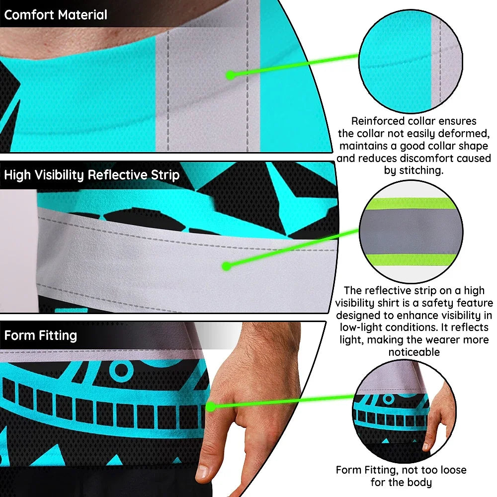 Hi Vis T Shirt Reflective Tapes TiKi Blue Neon Polynesian Tribal Custom Name Safety Workwear For Workers, Truckers, Operators