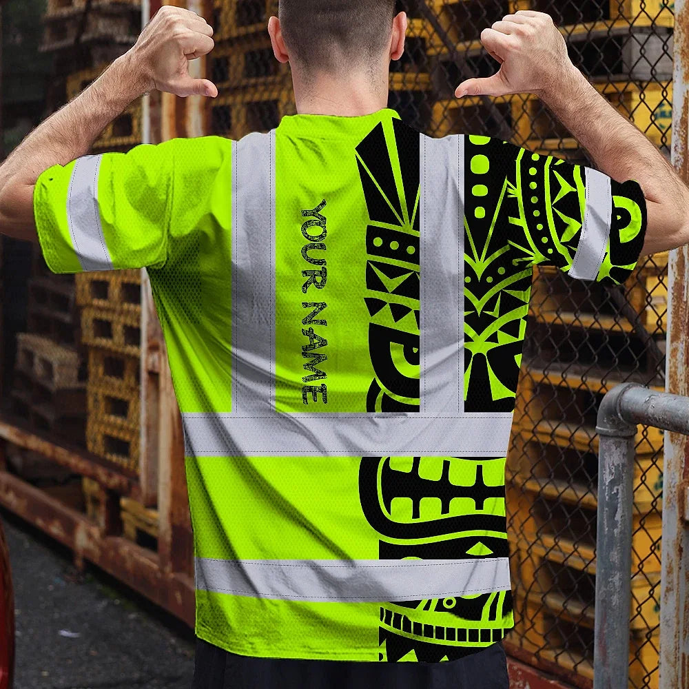 Hi Vis T Shirt Reflective Tapes TiKi Hawaiian Polynesian Tribal Custom Name