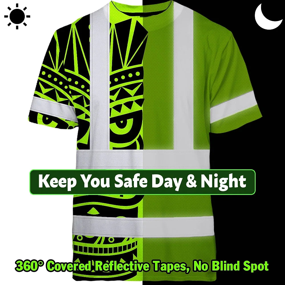 Hi Vis T Shirt Reflective Tapes TiKi Hawaiian Polynesian Tribal Custom Name