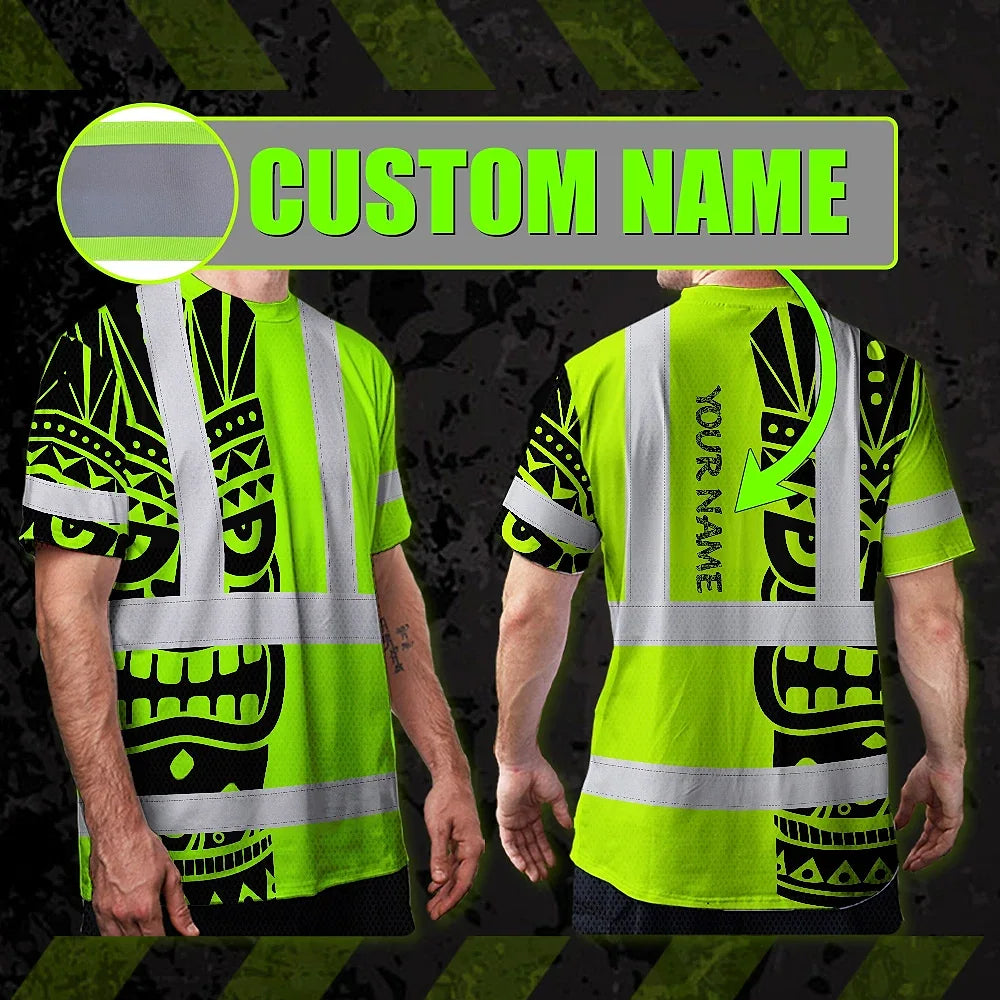 Hi Vis T Shirt Reflective Tapes TiKi Hawaiian Polynesian Tribal Custom Name