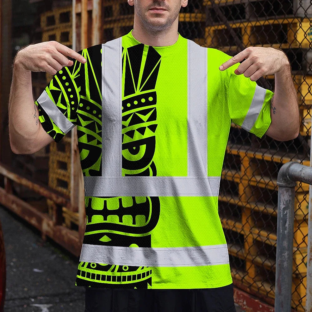 Hi Vis T Shirt Reflective Tapes TiKi Hawaiian Polynesian Tribal Custom Name