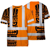 Hi Vis T Shirt Reflective Tapes TiKi Orange Neon Polynesian Tribal Custom Name Safety Workwear For Workers, Truckers, Operators