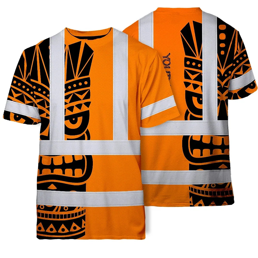 Hi Vis T Shirt Reflective Tapes TiKi Orange Neon Polynesian Tribal Custom Name Safety Workwear For Workers, Truckers, Operators