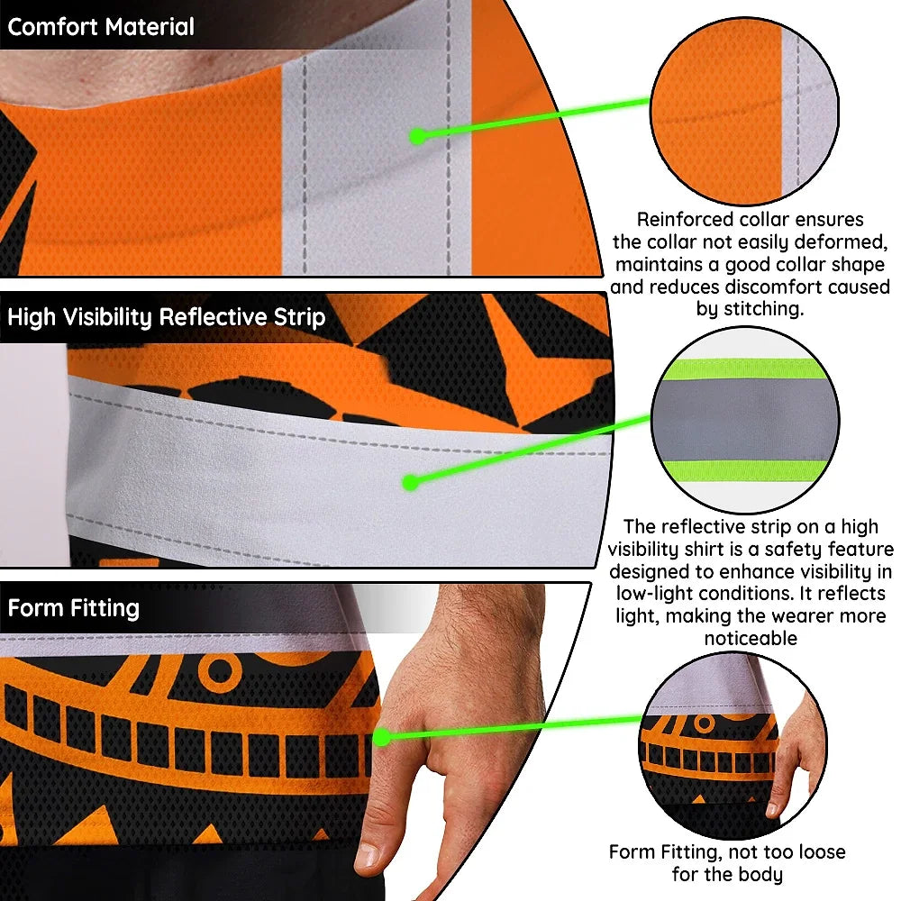 Hi Vis T Shirt Reflective Tapes TiKi Orange Neon Polynesian Tribal Custom Name Safety Workwear For Workers, Truckers, Operators