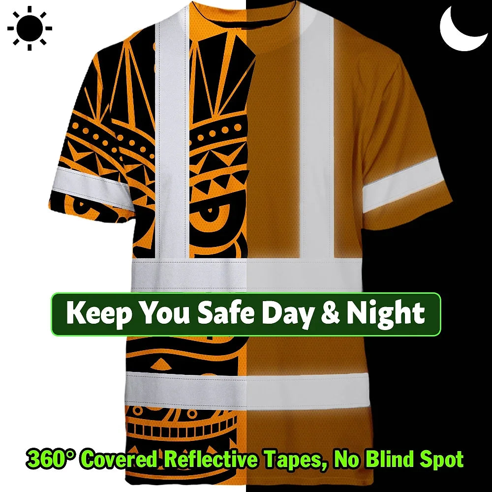 Hi Vis T Shirt Reflective Tapes TiKi Orange Neon Polynesian Tribal Custom Name Safety Workwear For Workers, Truckers, Operators