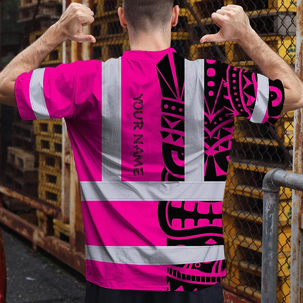 Hi Vis T Shirt Reflective Tapes TiKi Pink Neon Polynesian Tribal Custom Name Safety Workwear For Workers, Truckers, Operators