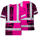 Hi Vis T Shirt Reflective Tapes TiKi Pink Neon Polynesian Tribal Custom Name Safety Workwear For Workers, Truckers, Operators