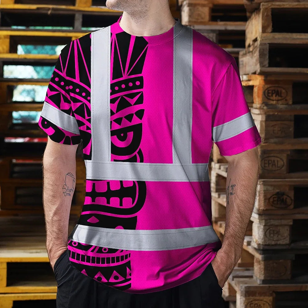 Hi Vis T Shirt Reflective Tapes TiKi Pink Neon Polynesian Tribal Custom Name Safety Workwear For Workers, Truckers, Operators