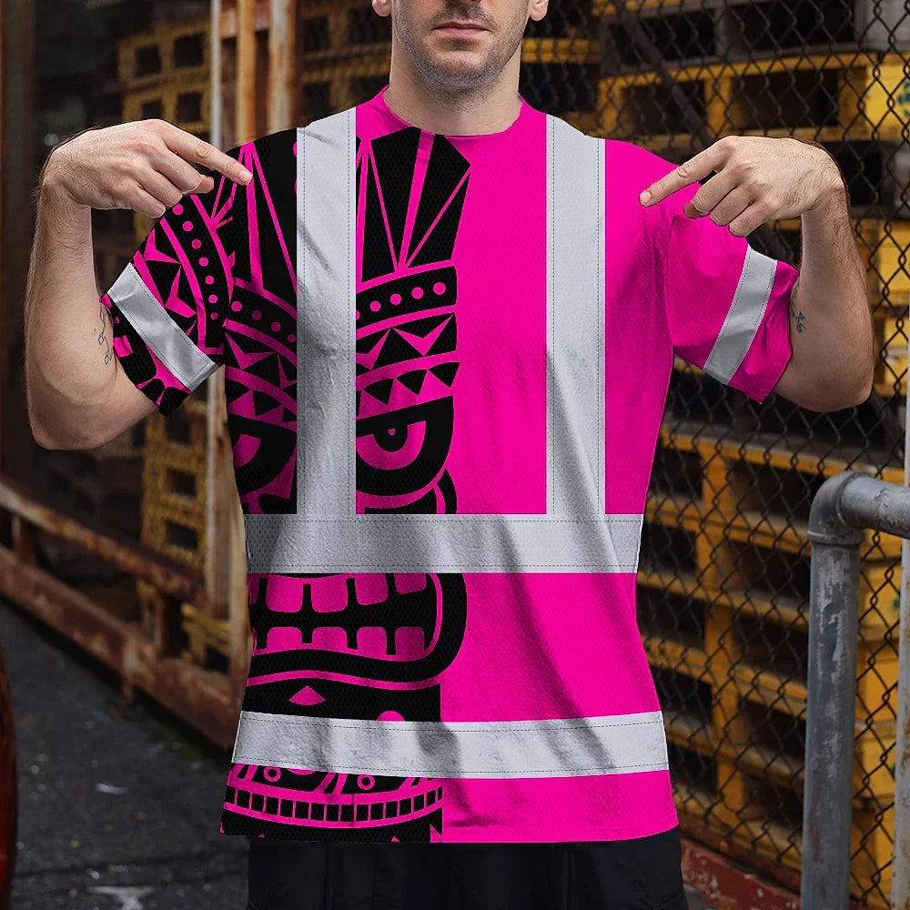 Hi Vis T Shirt Reflective Tapes TiKi Pink Neon Polynesian Tribal Custom Name Safety Workwear For Workers, Truckers, Operators