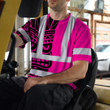 Hi Vis T Shirt Reflective Tapes TiKi Pink Neon Polynesian Tribal Custom Name Safety Workwear For Workers, Truckers, Operators