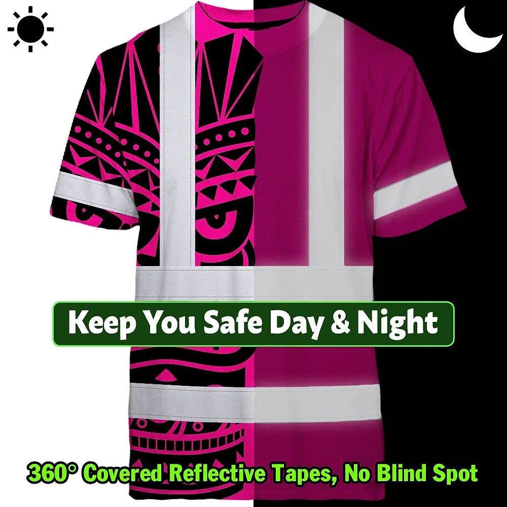 Hi Vis T Shirt Reflective Tapes TiKi Pink Neon Polynesian Tribal Custom Name Safety Workwear For Workers, Truckers, Operators