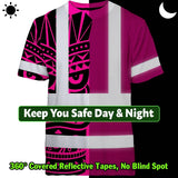 Hi Vis T Shirt Reflective Tapes TiKi Pink Neon Polynesian Tribal Custom Name Safety Workwear For Workers, Truckers, Operators