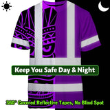 Hi Vis T Shirt Reflective Tapes TiKi  Violet Neon Polynesian Tribal Custom Name Safety Workwear For Workers, Truckers, Operators