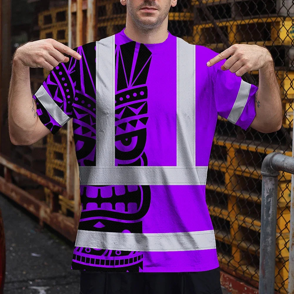 Hi Vis T Shirt Reflective Tapes TiKi  Violet Neon Polynesian Tribal Custom Name Safety Workwear For Workers, Truckers, Operators